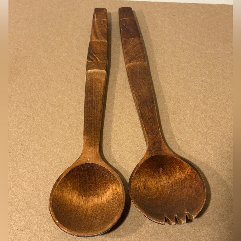 Wooden Salad Set Spoon & Fork Elegant Brown Teak Vintage 1970s